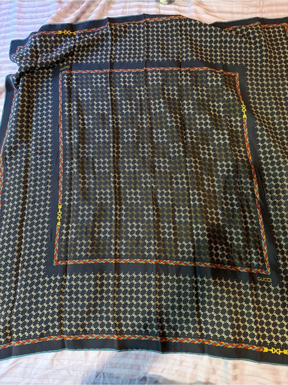 Vintage Gucci Black Silk Square Scare with Red, Green and Yellow Trim